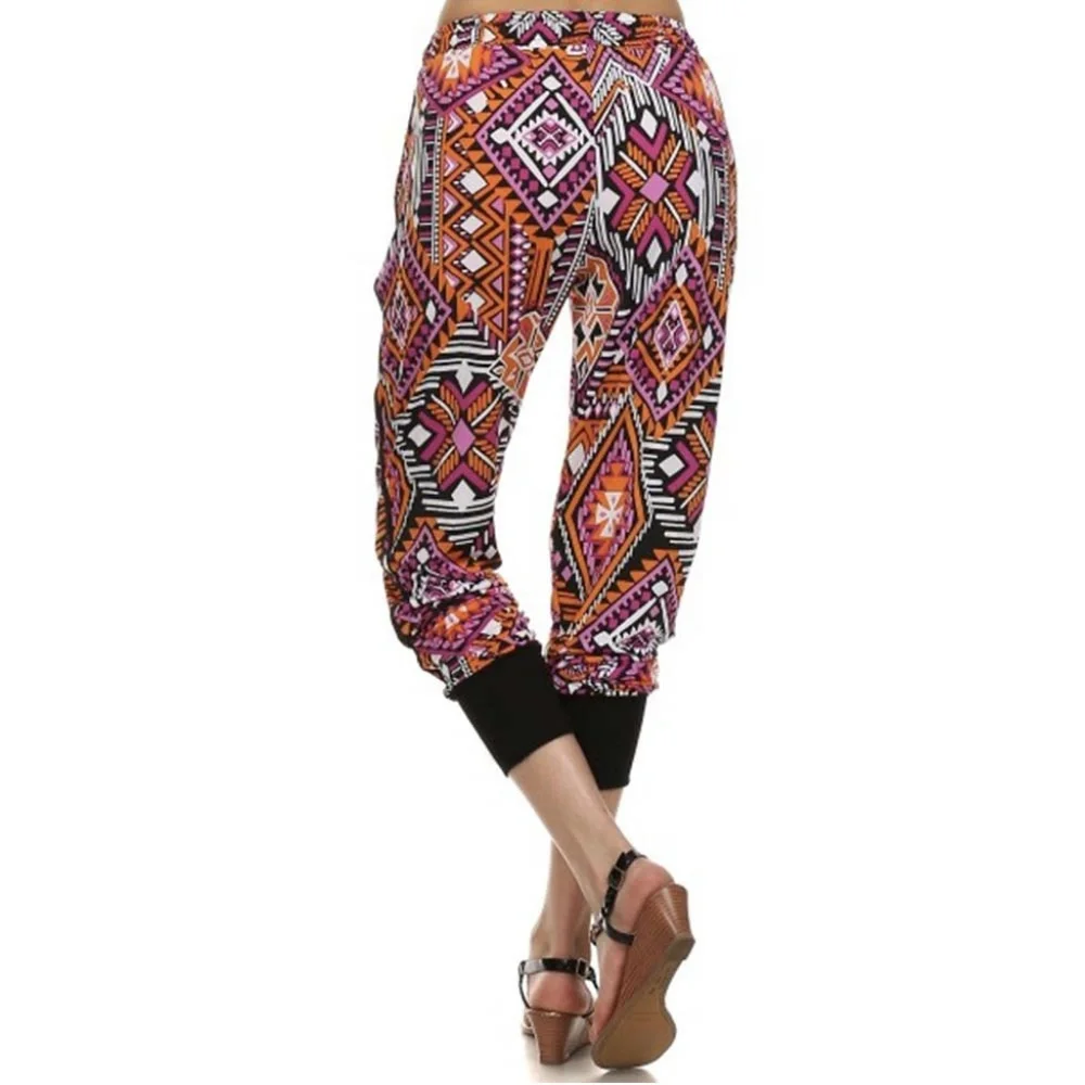 YELETE Hot Pink Tribal Print Women's Capri Joggers. W/Pockets & Elastic Waist. - Picture 3 of 4